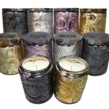 Vela Aromática en Frasco de Vidrio Tallado con Tapa de Metal, 150 gr.